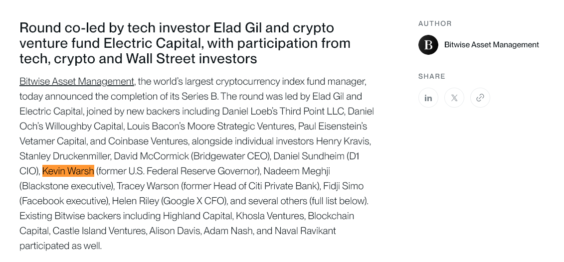 В 2021 году Кевин Варш участвовал в инвестиционном раунде Bitwise на $70 млн